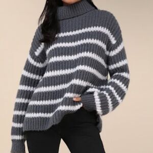 Lulus Cooler Forecast Grey And White Striped Turtleneck Sweater - Size XS